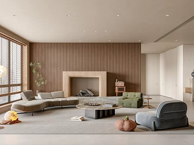 Modern Living Dining Room With Wooden Wall Fireplace Sofas Round Coffee Table And Large Windows 3d model