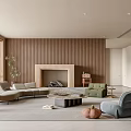 Modern Living Dining Room With Wooden Wall Fireplace Sofas Round Coffee Table And Large Windows