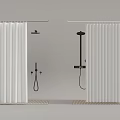 Shower Area With White Vertical Striped Curtains Black Shower Heads Handheld Sprayers Beige Non slip Mats
