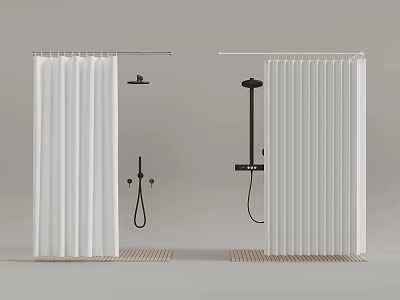 Shower Area With White Vertical Striped Curtains Black Shower Heads Handheld Sprayers Beige Non slip Mats 3d model