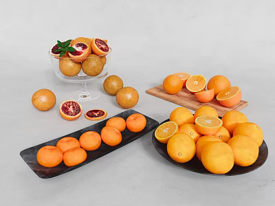 Assorted Citrus Fruits Sliced And Whole On Plates And Bowls 3d model