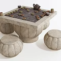 Traditional Stone Table and Stool Set with Chessboard and Tea Set 3d model