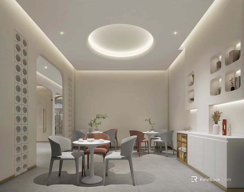 Modern Lounge Area With Tables Chairs Decorative Plants Arched Partitions White Cabinets And Soft Lighting 3d model 