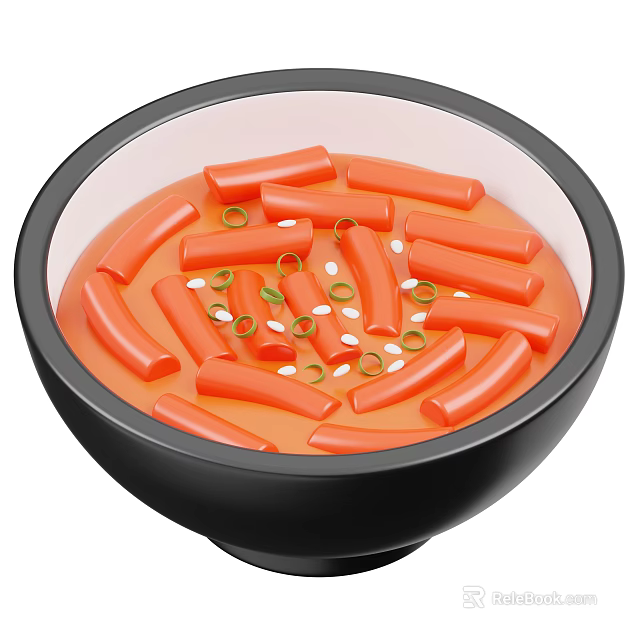 Bowl of Red Sausages in Orange Broth with Green Scallions and White Sesame Seeds 3d model 