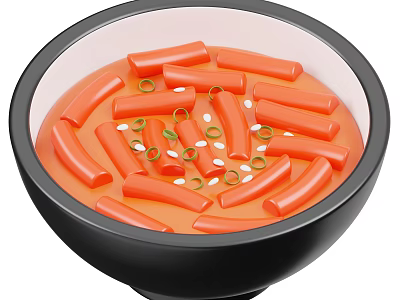 Bowl of Red Sausages in Orange Broth with Green Scallions and White Sesame Seeds 3d model