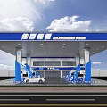 Modern Gas Station Exterior With Blue Canopy Fuel Pumps And Signage
