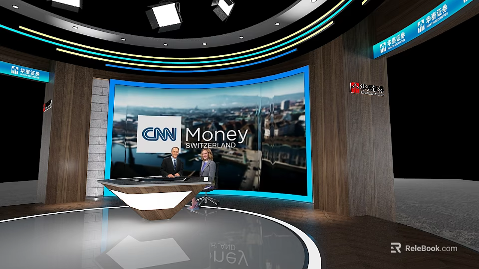 Professional News Studio With CNN Money Logo Presenters Large Screen And City Backdrop 3d model 