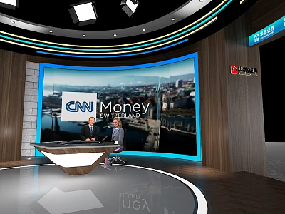 Professional News Studio With CNN Money Logo Presenters Large Screen And City Backdrop 3d model