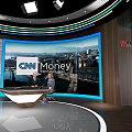 Professional News Studio With CNN Money Logo Presenters Large Screen And City Backdrop