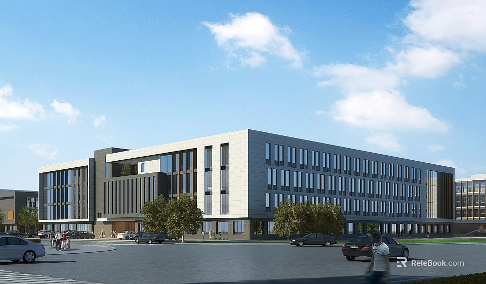 Modern Industrial Factory Building Exterior With Large Windows Green Trees And Parking Area 3d model 