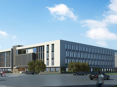 Modern Industrial Factory Building Exterior With Large Windows Green Trees And Parking Area 3d model