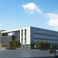 Modern Industrial Factory Building Exterior With Large Windows Green Trees And Parking Area