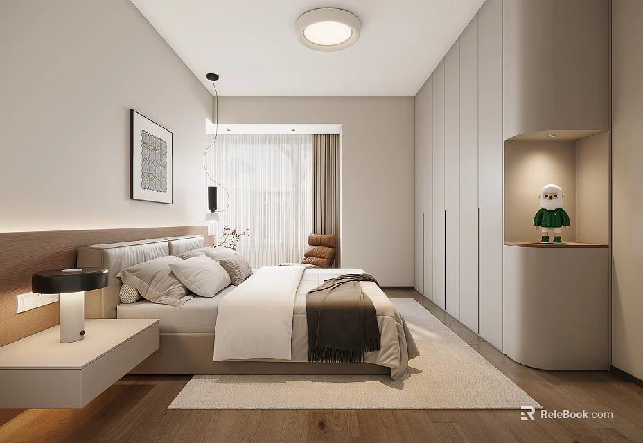 Modern Bedroom Interior Design With White Bedding Wooden Floor Wardrobe And Area Rug 3d model 