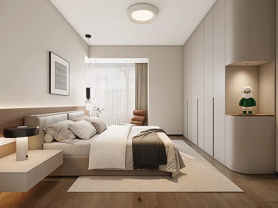 Modern Bedroom Interior Design With White Bedding Wooden Floor Wardrobe And Area Rug 3d model