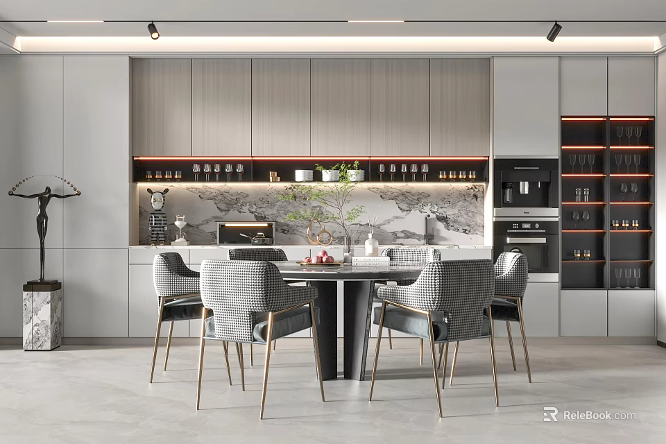 Modern Restaurant Design with Gray Cabinets Marble Wall Round Dining Table Gray Chairs Gold Legs 3d model 