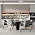 Modern Restaurant Design with Gray Cabinets Marble Wall Round Dining Table Gray Chairs Gold Legs