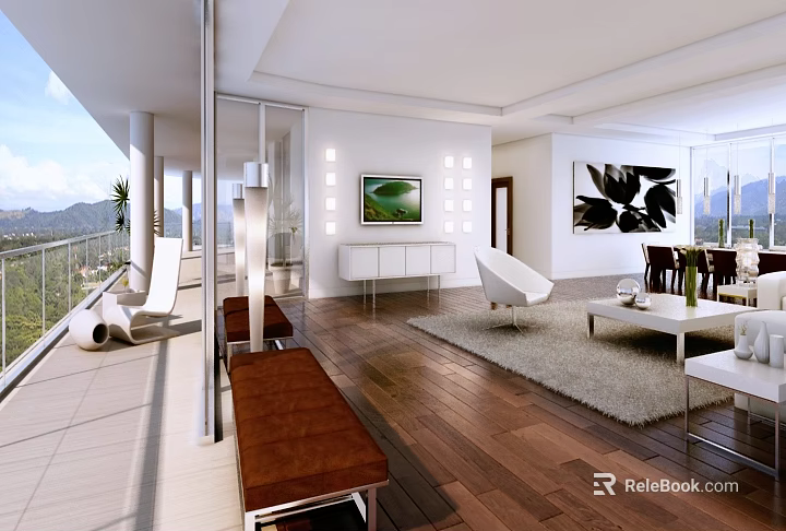 Modern Open Living and Dining Room With Wooden Floors White Furniture and Large Windows 3d model 