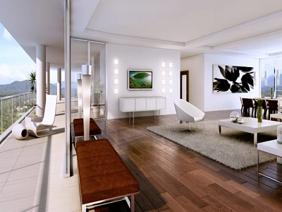 Modern Open Living and Dining Room With Wooden Floors White Furniture and Large Windows 3d model