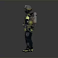Firefighter In Full Protective Gear With Helmet And Safety Equipment Standing