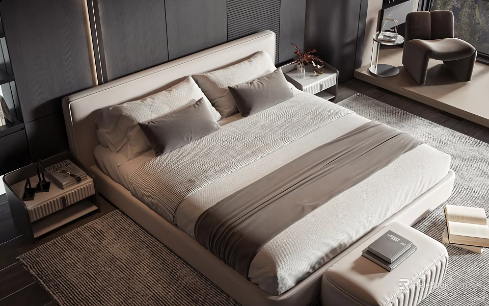 Modern Double Bed With Upholstered Headboard Neutral Tones Pillows And Nightstand 3d model 