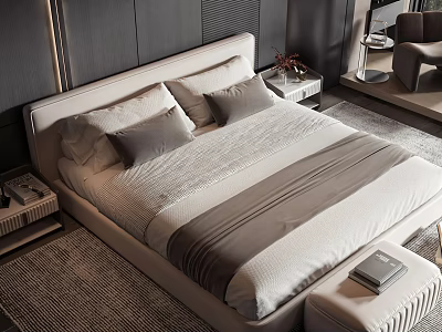 Modern Double Bed With Upholstered Headboard Neutral Tones Pillows And Nightstand 3d model