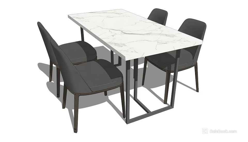 Modern Dining Table Set With White Marble Tabletop And Black Chairs 3d model