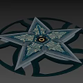 Star Shaped Metallic Weapon With Blue Silver Finish Circular Ring And Central Yellow Dot 3d model