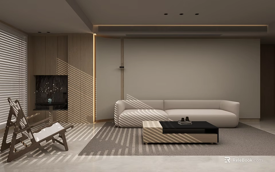 Modern Warm Neutral Living Room With Soft Sectional Sofa And Elegant Ambient Lighting Design 3d model 