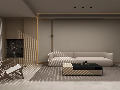 Modern Warm Neutral Living Room With Soft Sectional Sofa And Elegant Ambient Lighting Design 3d model