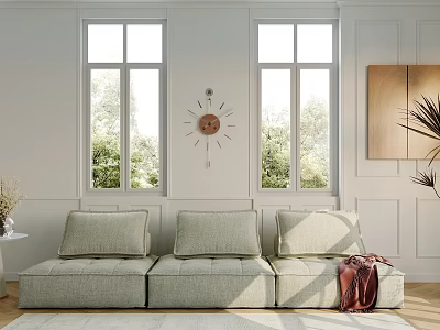 Three-Seater Sofa in Bright Living Room with Cushions Large Windows Greenery Wall Clock And Decor 3d model