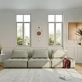 Three-Seater Sofa in Bright Living Room with Cushions Large Windows Greenery Wall Clock And Decor