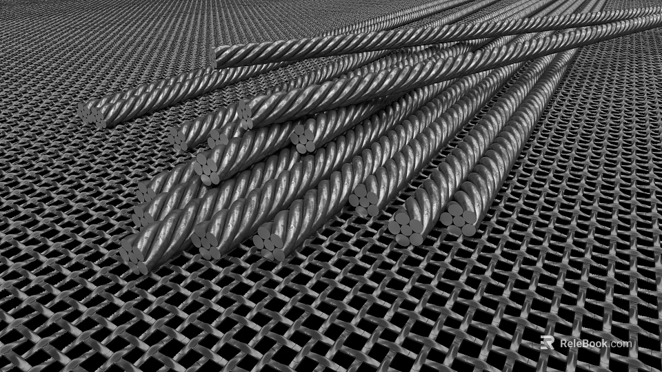 Thick Twisted Steel Rebars Neatly Stacked On Metal Mesh Grid Surface 3d model 