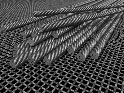 Thick Twisted Steel Rebars Neatly Stacked On Metal Mesh Grid Surface 3d model