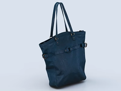 Stylish Navy Blue Tote Bag with Long Shoulder Straps and Side Buckle Design 3d model