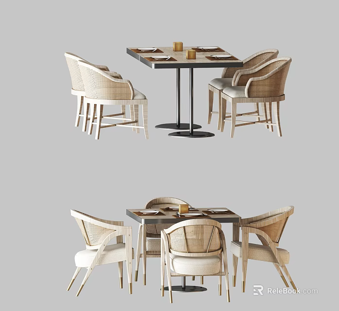 Modern Wicker Dining Set With Square Table And Upholstered Chairs Design 3d model