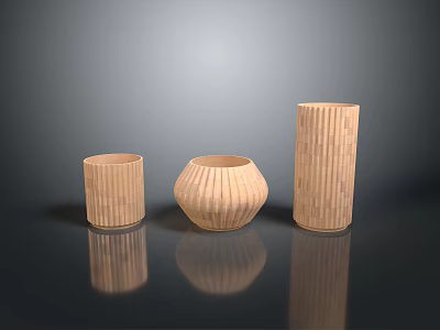 Hand Carved Wooden Decorative Sculptures with Cylindrical Bowl Shaped and Striped Wavy Patterns 3d model