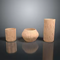 Hand Carved Wooden Decorative Sculptures with Cylindrical Bowl Shaped and Striped Wavy Patterns