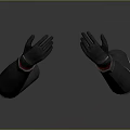 Human Hands Wearing Black Gloves With Red And Orange Accents On Gray Background