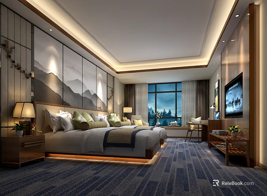 Elegant Hotel Guest Room With King Bed Mountain Landscape Wall Table Lamps And City View 3d model 