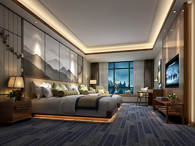 Elegant Hotel Guest Room With King Bed Mountain Landscape Wall Table Lamps And City View 3d model