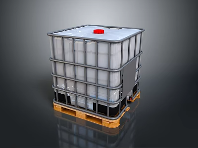 Industrial IBC Storage Tank With Metal Frame White Container Red Cap And Wooden Pallet 3d model
