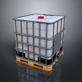 Industrial IBC Storage Tank With Metal Frame White Container Red Cap And Wooden Pallet