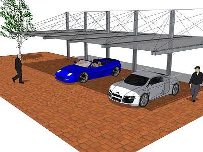 Modern Metal Carport With Blue Convertible Silver Sedan Brick Paved Parking Area 3d model