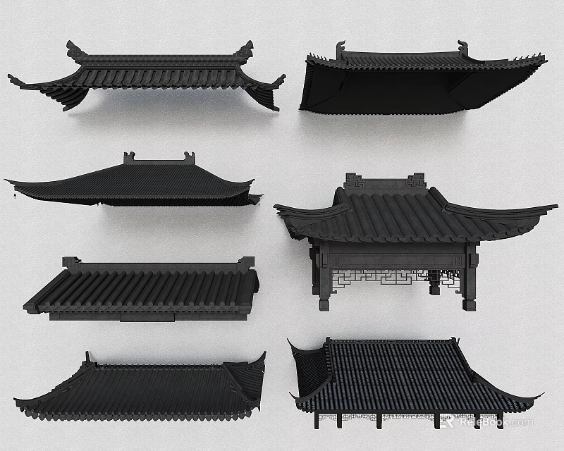 Chinese Traditional Black Roof Styles With Diverse Eave Designs And Tile Structures 3d model 
