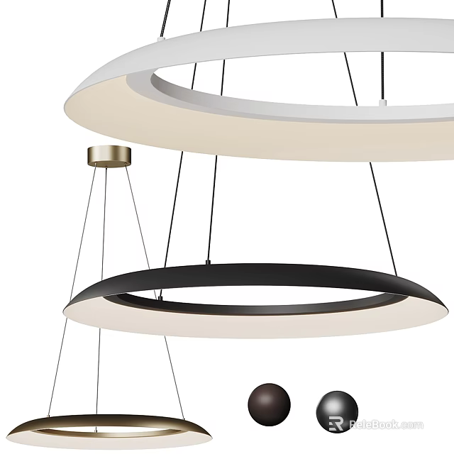 Modern Circular Double Layer Pendant Light With White Black Rings And Brass Details 3d model 