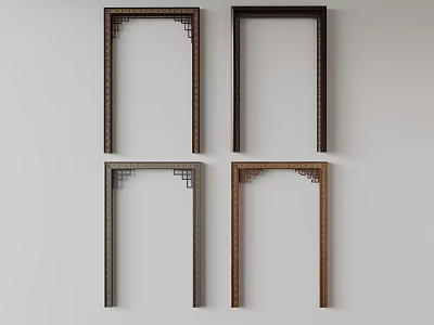 Four Traditional Wooden Door Frames With Carved Patterns And Different Finishes 3d model
