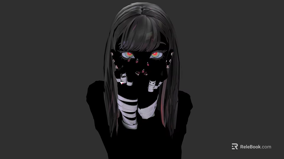 Woman with long dark hair covering face in black and white striped gloves red eyes 3d model 