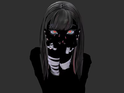 Woman with long dark hair covering face in black and white striped gloves red eyes 3d model