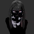 Woman with long dark hair covering face in black and white striped gloves red eyes