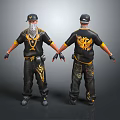 Two Characters In Black Outfits With Yellow Eagle Design And Masked Front View 3d model